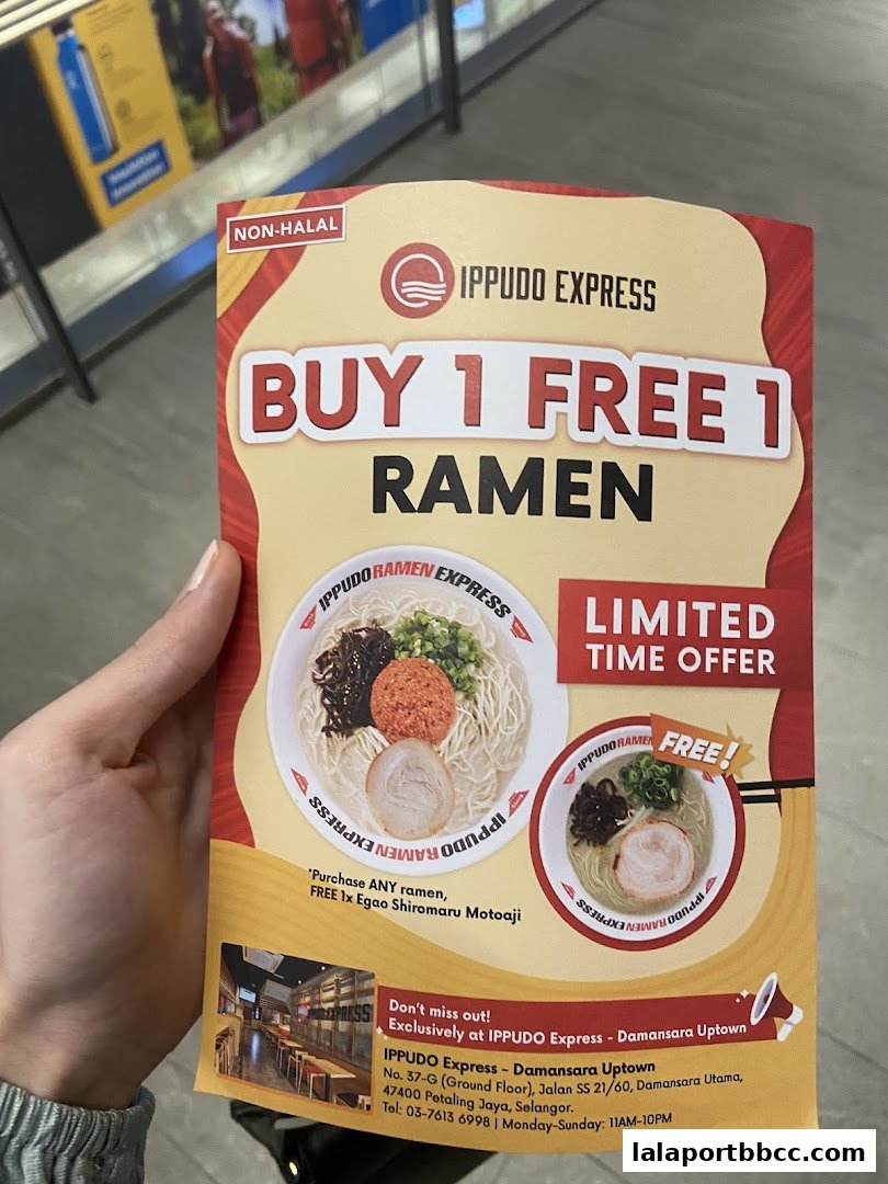 A flyer advertising a Buy 1 Free 1 Ramen promotion at IPPUDO Express.