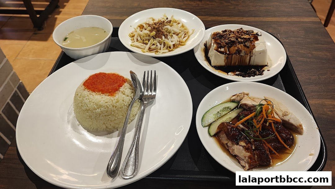 A tray of delicious chicken rice, soup, tofu, and bean sprouts.