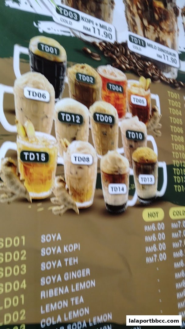 A menu board displaying various drinks with codes and prices, featuring iced beverages.