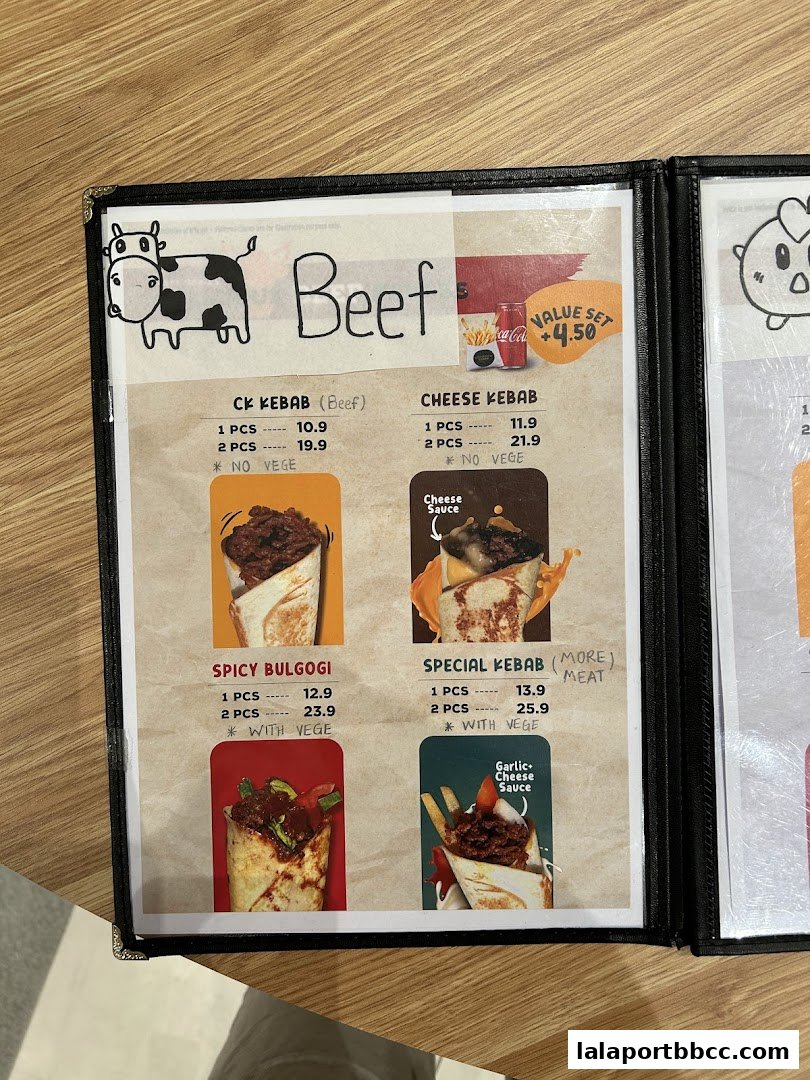A menu from Container Kebab featuring beef kebabs with various flavors and options.