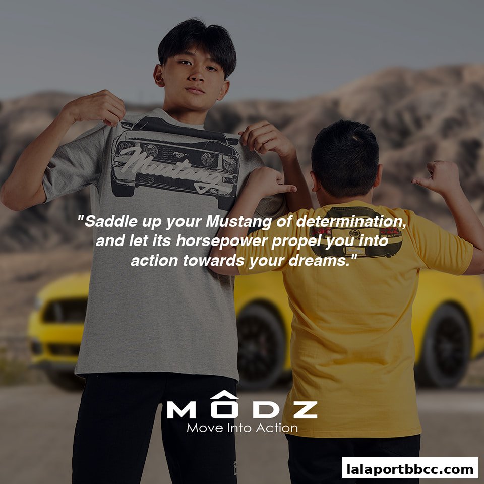 Two young men pose with motivational text and a Mustang car in the background.