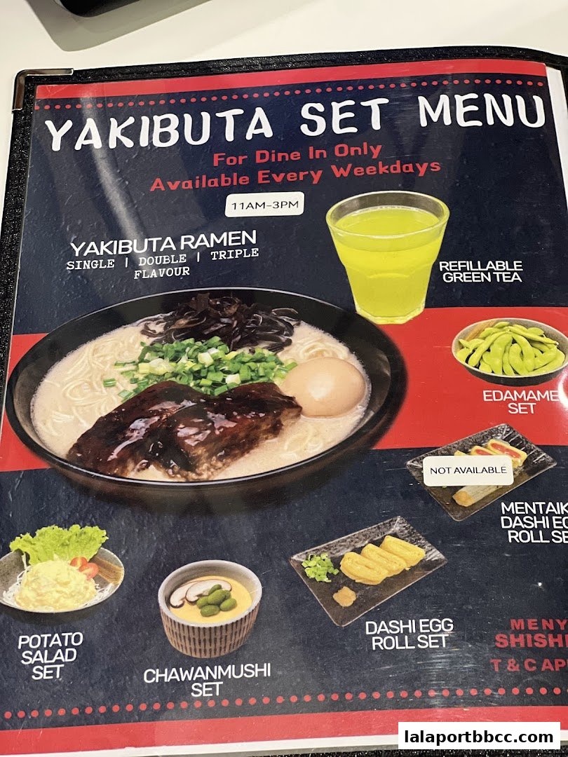 A menu for Yakibuta Set featuring ramen, side dishes, and drinks.