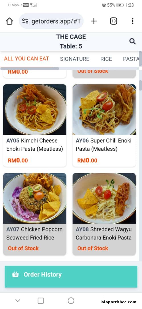 A digital menu displaying various pasta dishes and fried rice from The Cage.