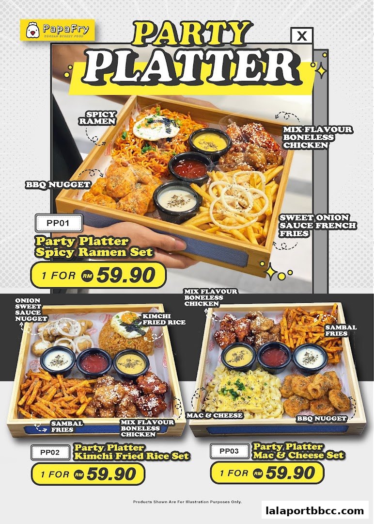 PapaFry offers three party platters: Spicy Ramen, Kimchi Fried Rice, and Mac & Cheese.