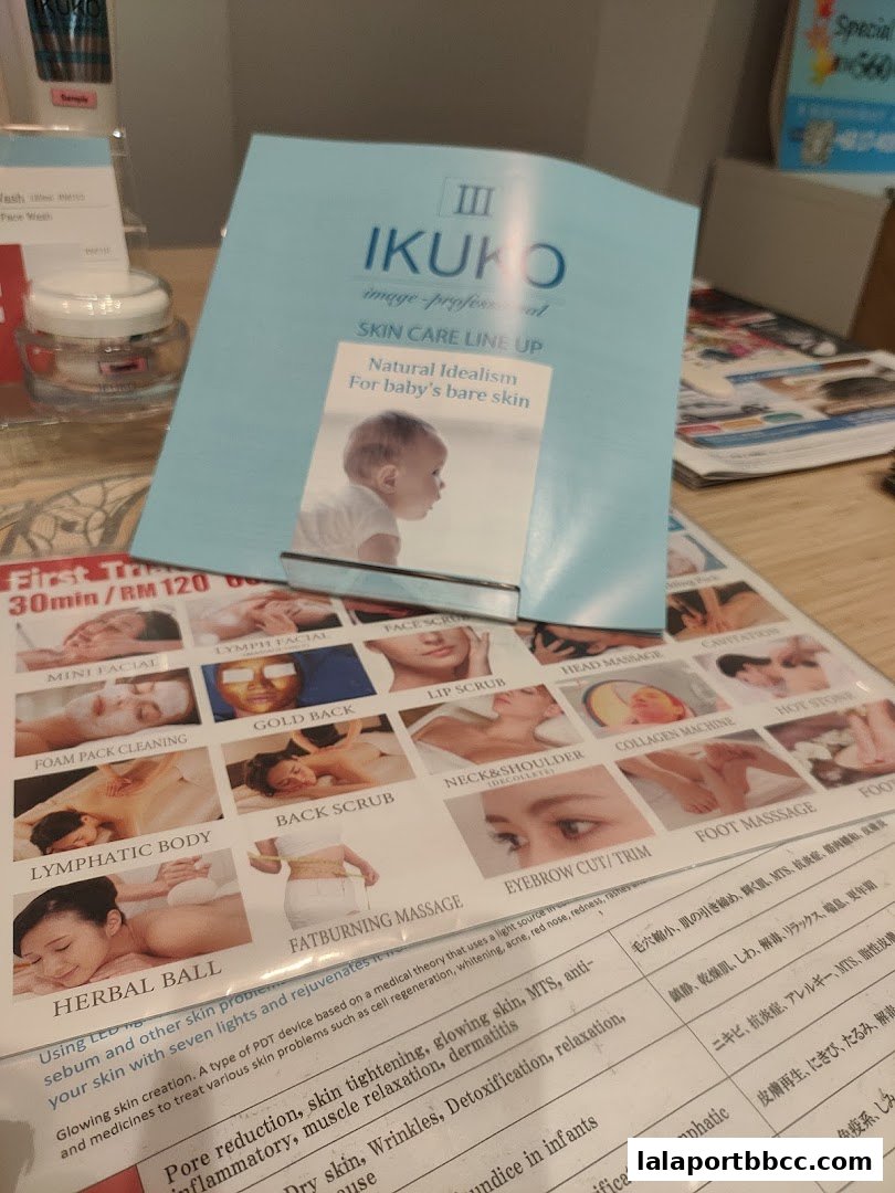 A brochure displaying various IKUKO Japan Beauty skin care treatments and their descriptions.