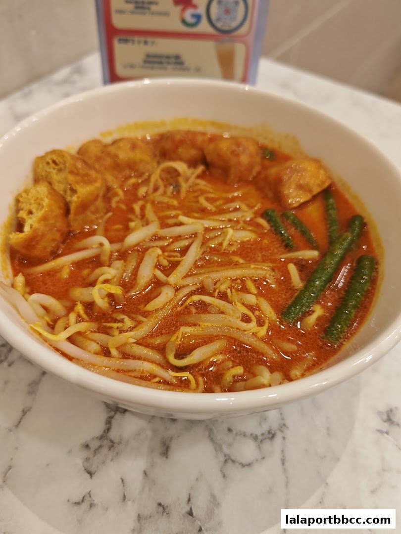 A close-up shot of a delicious bowl of curry noodles with tofu puffs and bean sprouts.