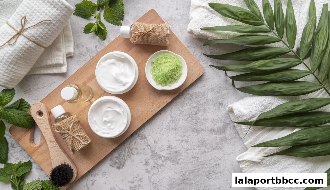 A flat lay of Japanese beauty products including creams, oils, bath salts, and a brush with mint leaves and towels.
