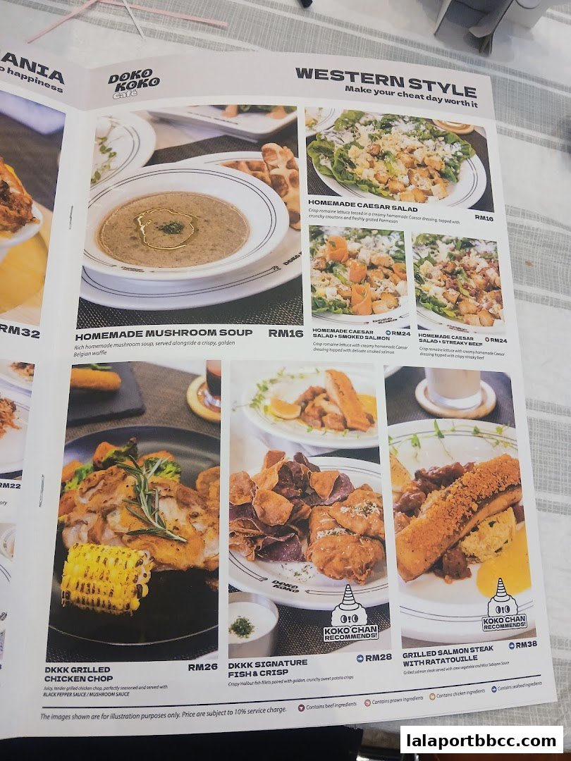 A menu from Doko Koko Cafe featuring Western-style dishes like salads, soup, fish, and grilled chicken.