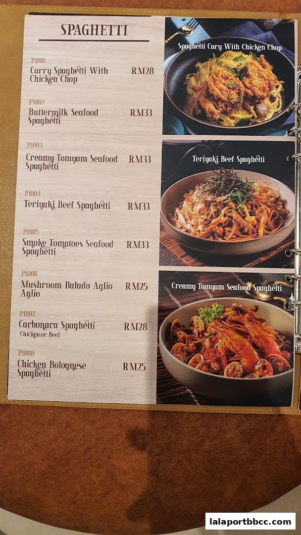 A menu page from V88 Cafe and Bar featuring various spaghetti dishes with accompanying images.