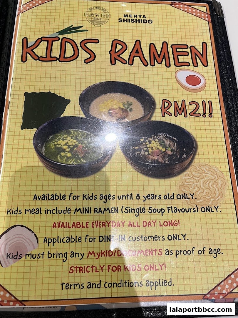 A menu offering Kids Ramen for RM2, available for children up to 8 years old.