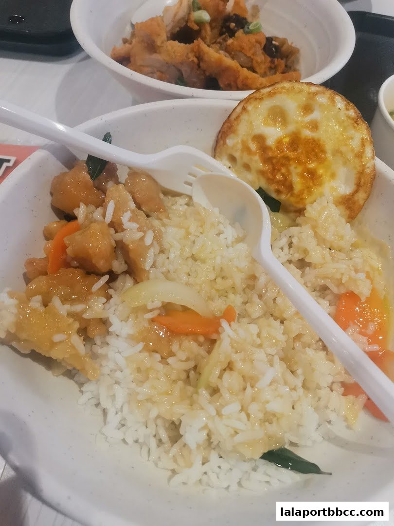 Close-up of two bowls of food, one with fried rice and chicken, the other with rice, chicken, and a fried egg.
