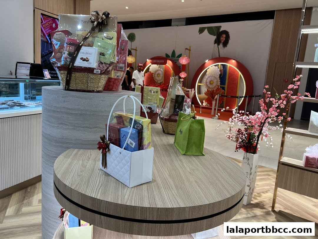 Gift baskets and decorative items displayed in a Beryls Chocolate store.