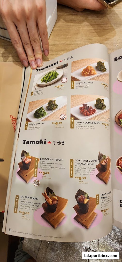 A menu page from Sushi King Lalaport BBCC featuring Tsumami and Temaki dishes with prices and descriptions.