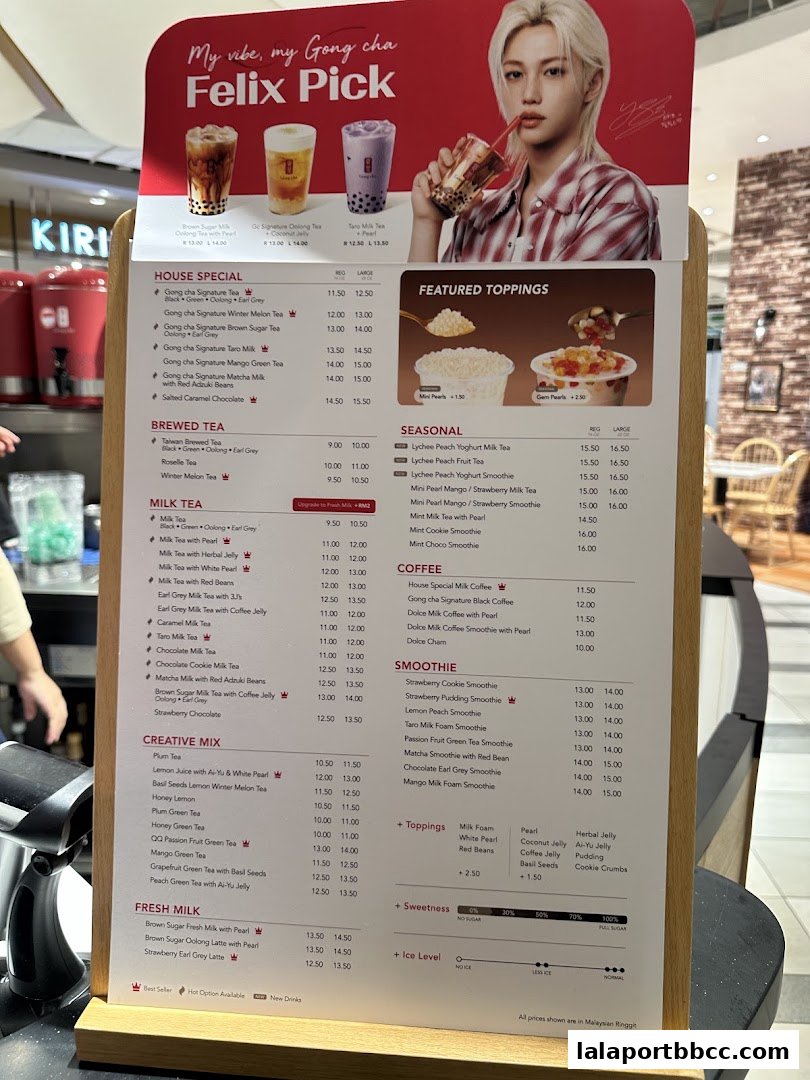 A menu board for Gong Cha featuring a 'Felix Pick' promotion with various bubble tea options and prices.