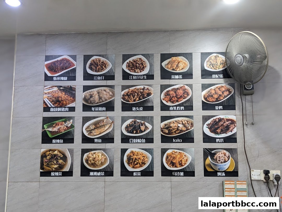 A wall display of various Teochew dishes with images and Chinese text.