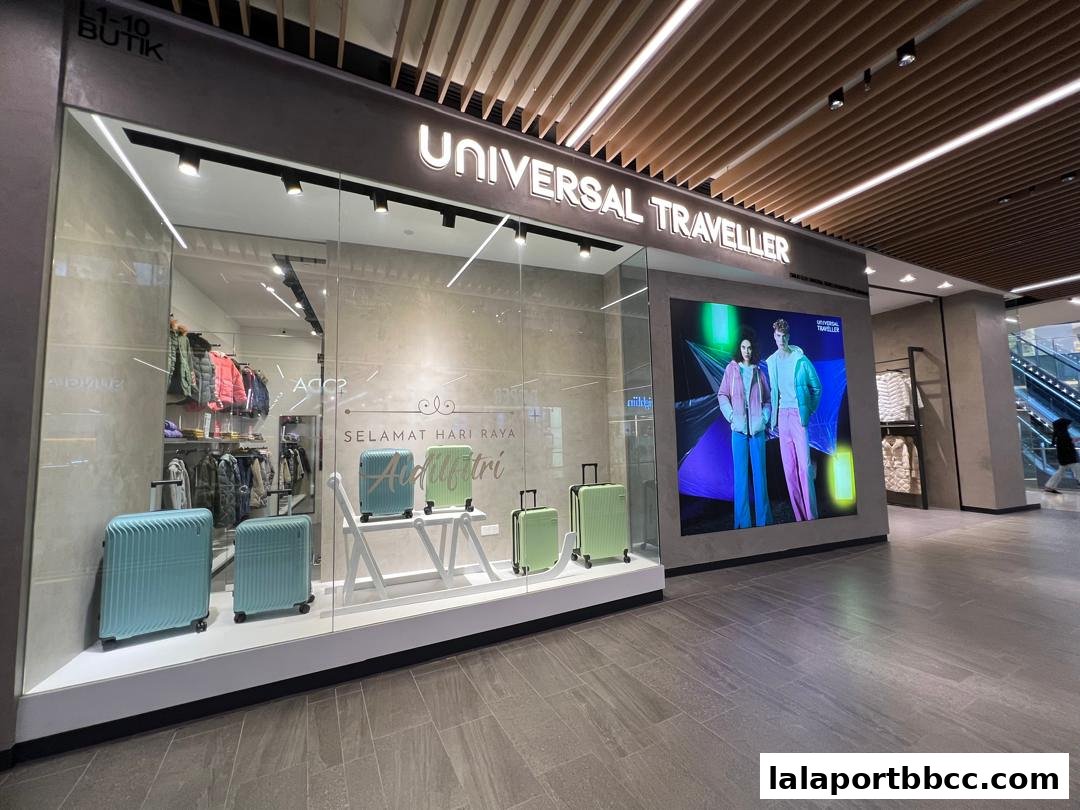 Universal Traveller shop front with luggage and clothing display, featuring a digital advertisement.