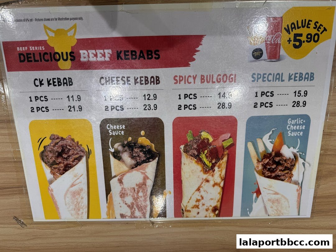 A menu board showcasing various beef kebabs with prices and enticing images.