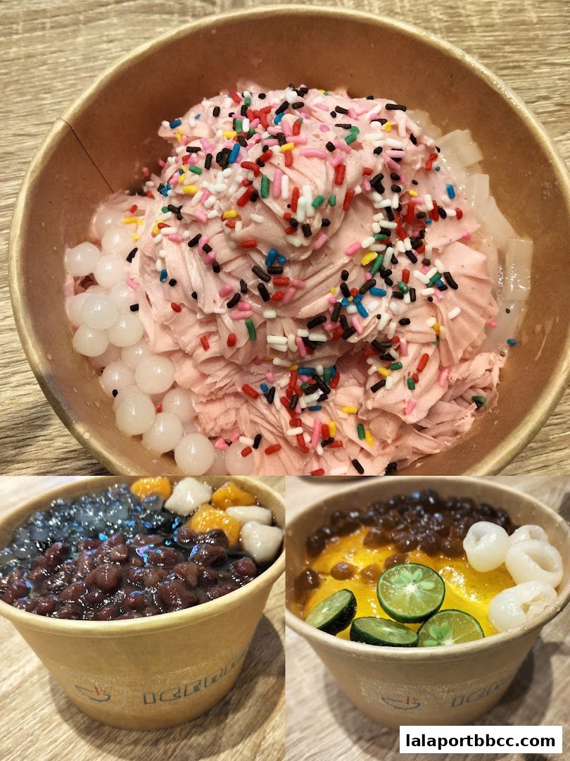 Three bowls of colorful shaved ice desserts with various toppings like boba, red bean, and fruit.