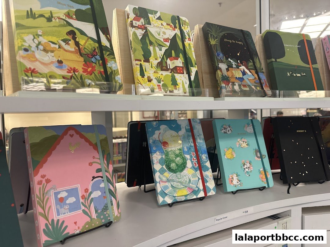 A display of various beautifully illustrated notebooks and journals on shelves.
