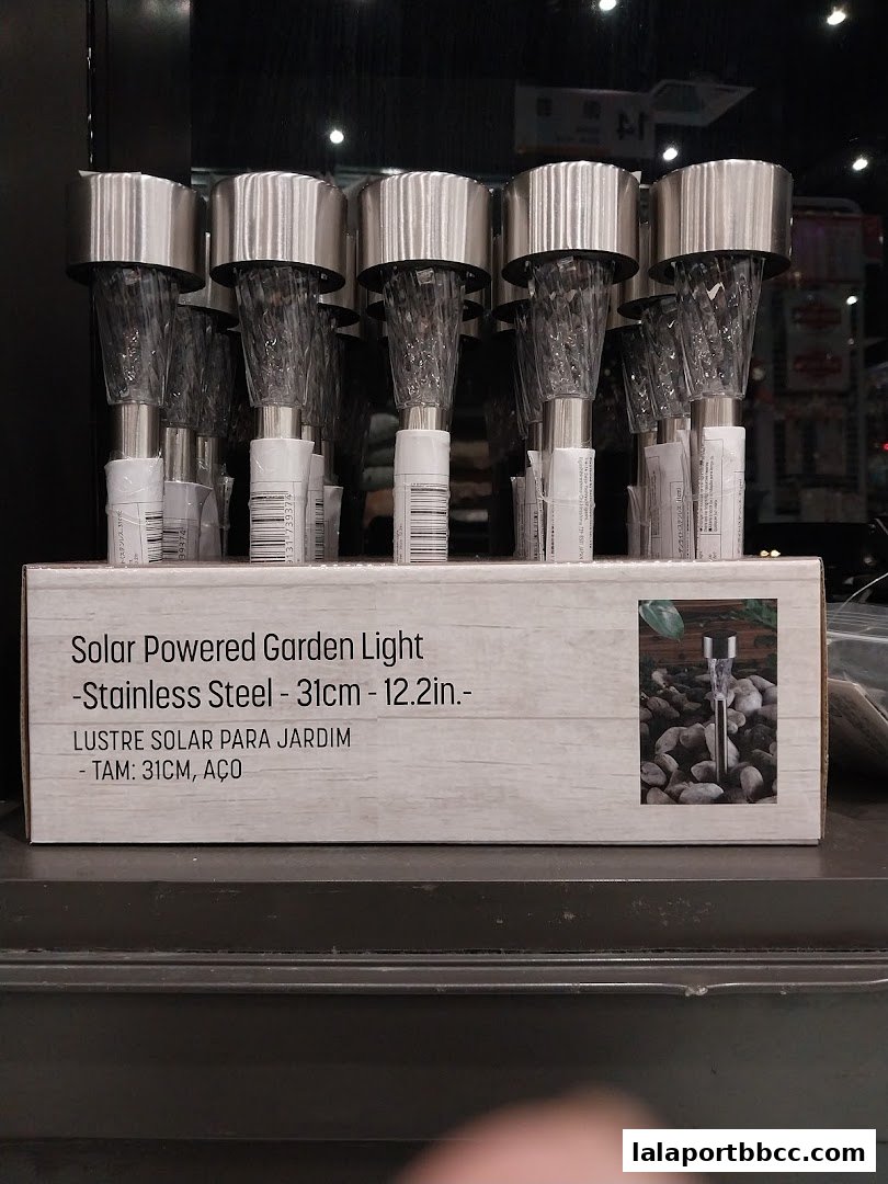 A display of solar-powered stainless steel garden lights.