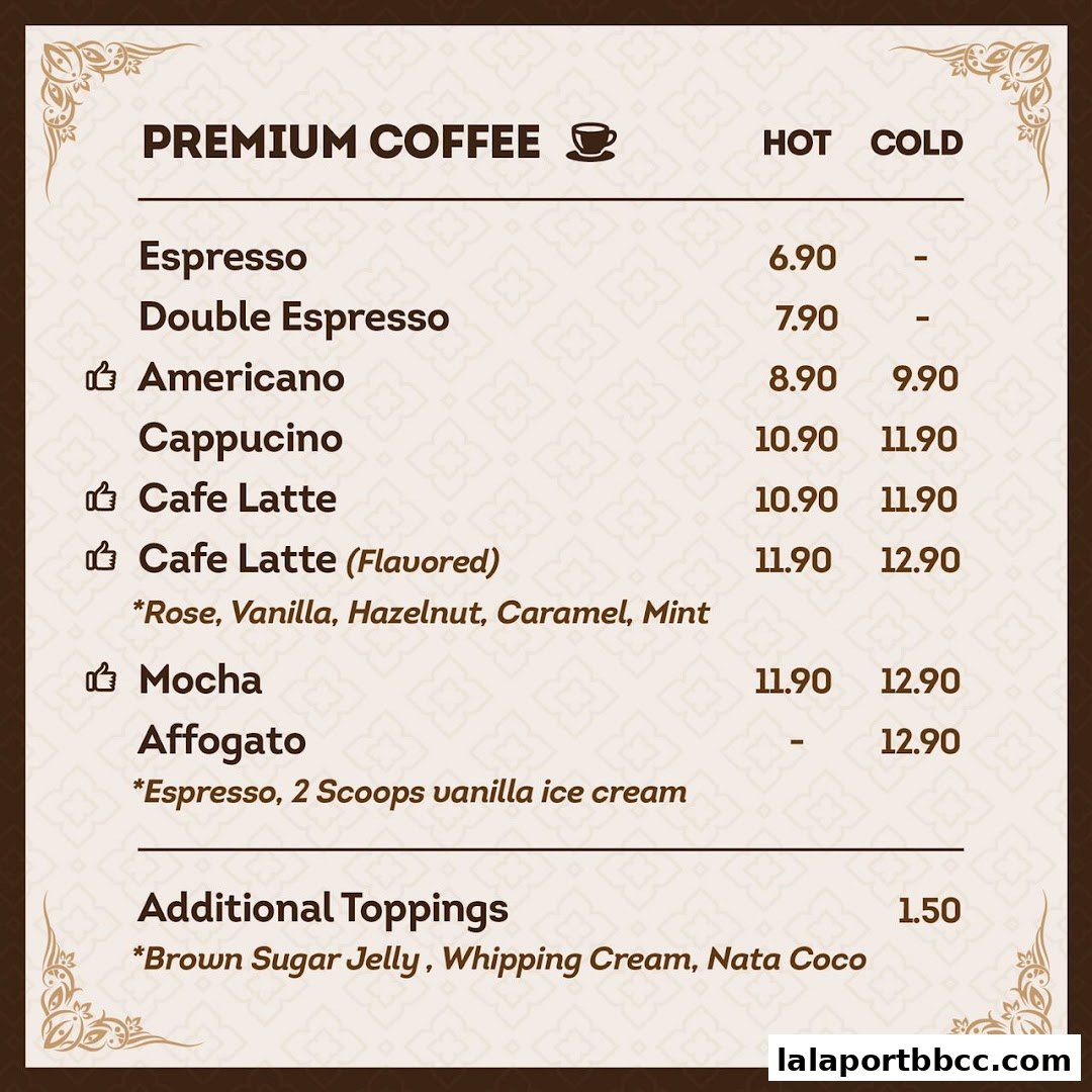 A menu featuring premium coffee drinks with prices for hot and cold options.