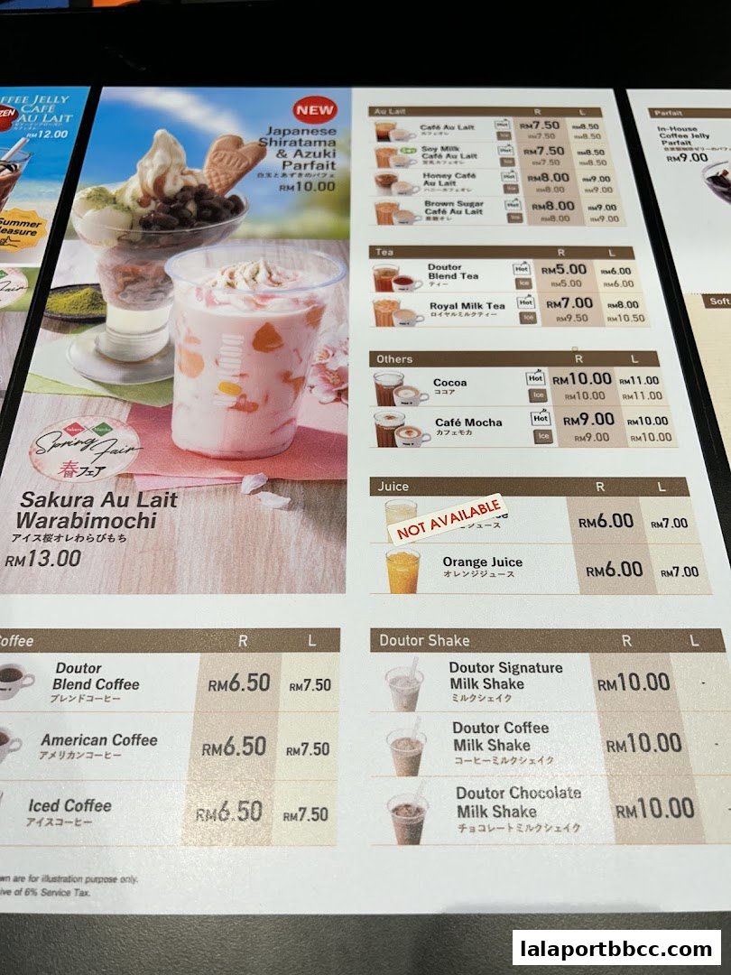 A menu from Doutor Coffee featuring various drinks and parfaits, including a new Japanese Shiratama & Azuki Parfait.
