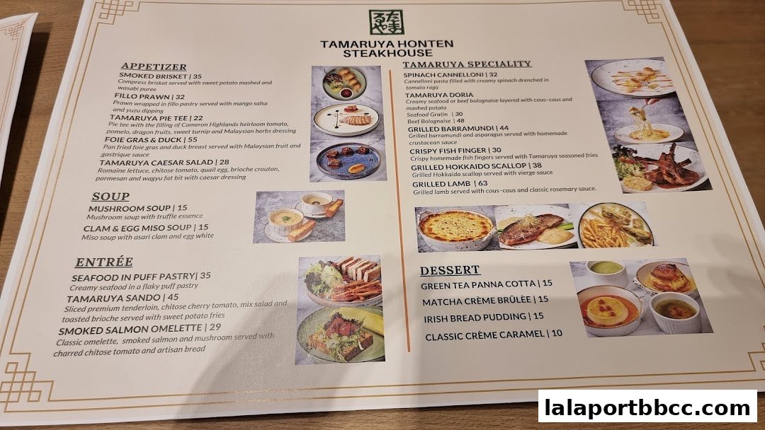 A menu from Tamaruya Honten Steakhouse featuring appetizers, soups, entrees, specialties, and desserts.