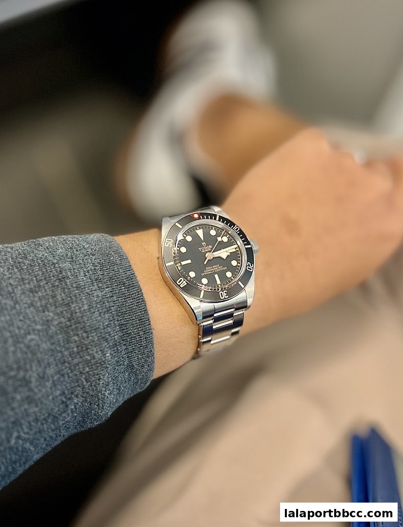 A close-up shot of a person wearing a Tudor Black Bay watch on their wrist.
