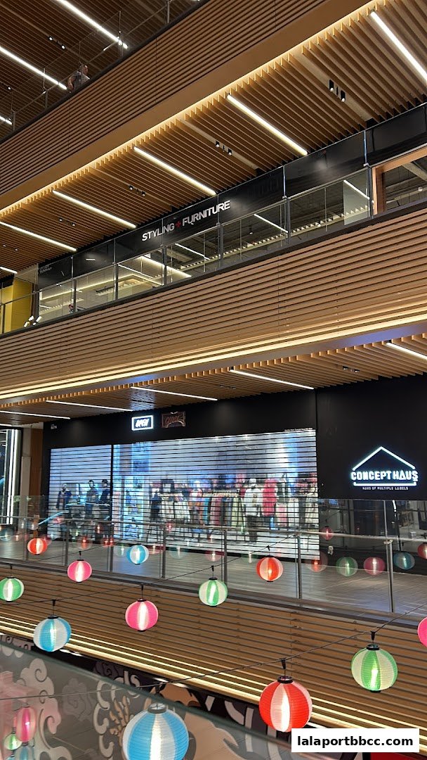 Concept Haus store with a closed roller shutter and colorful lanterns hanging in the foreground.