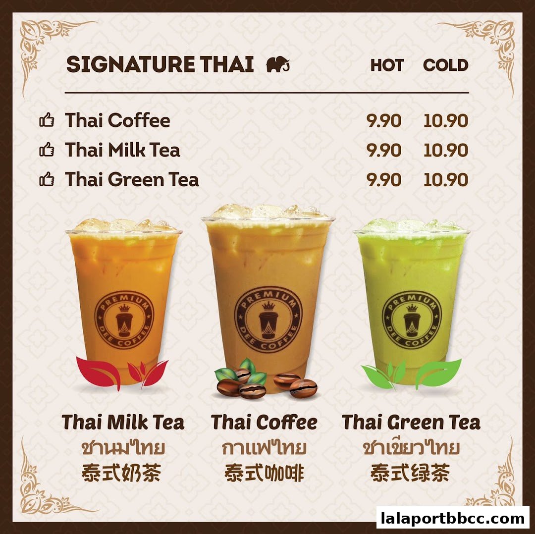 A menu showcasing three signature Thai drinks: Thai Coffee, Thai Milk Tea, and Thai Green Tea.