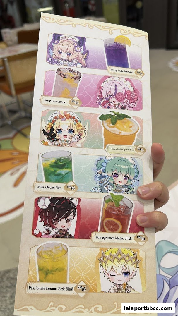 A menu from Doko Koko featuring colorful drinks with anime-style characters.