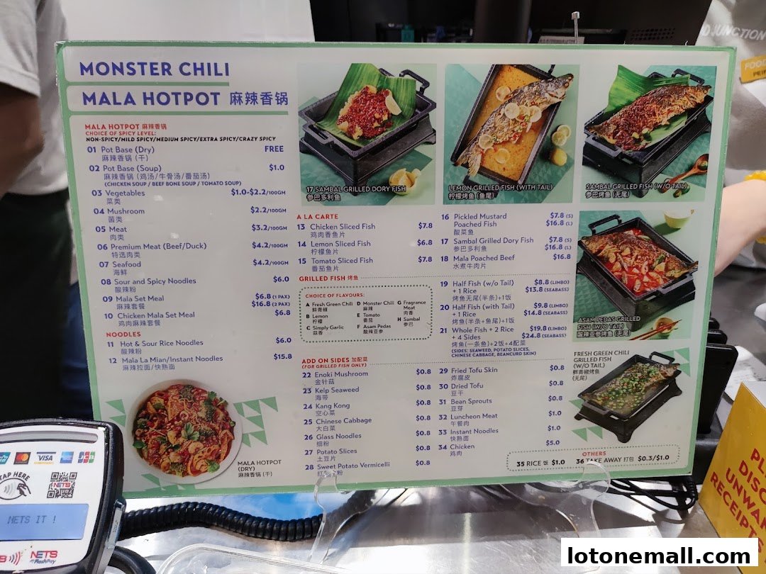 A menu for Monster Chili Mala Hotpot with various dishes and prices.