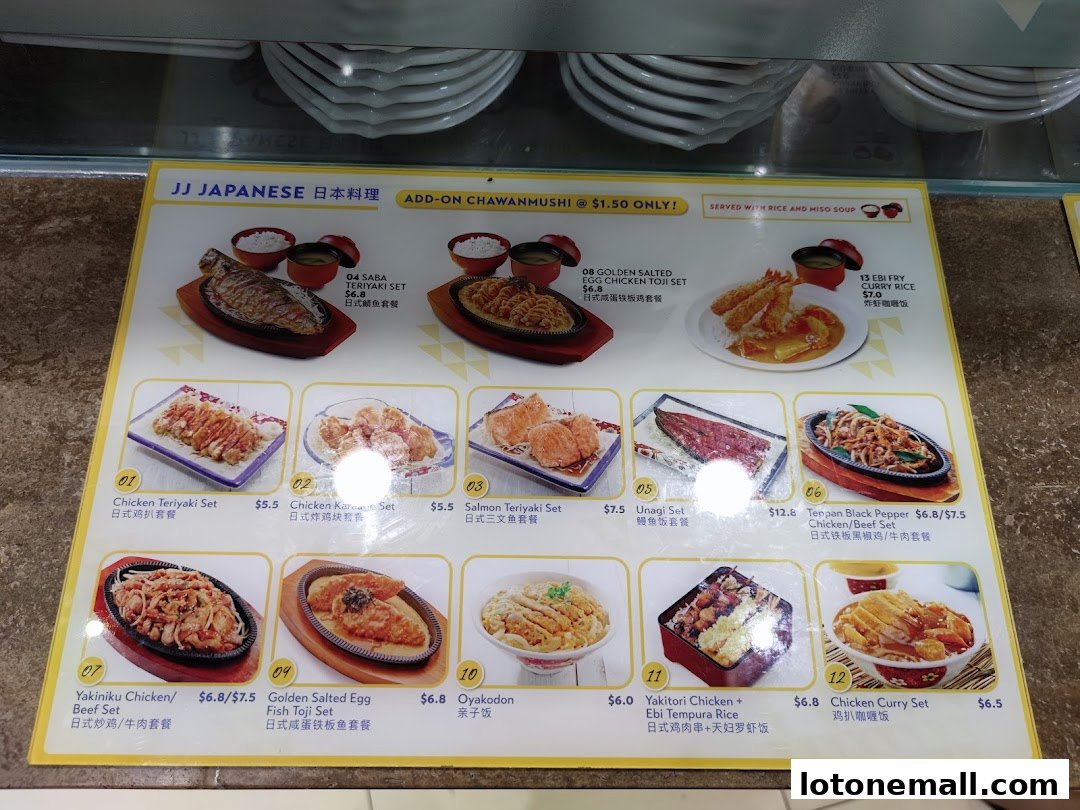 A menu display for JJ Japanese featuring various sets and rice dishes with prices.