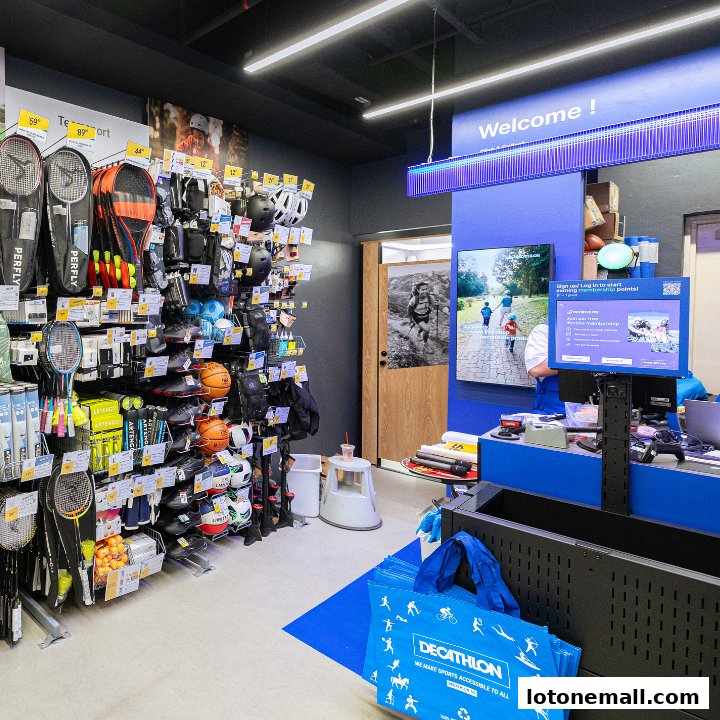 Interior of a Decathlon store showcasing sports equipment and a checkout counter.