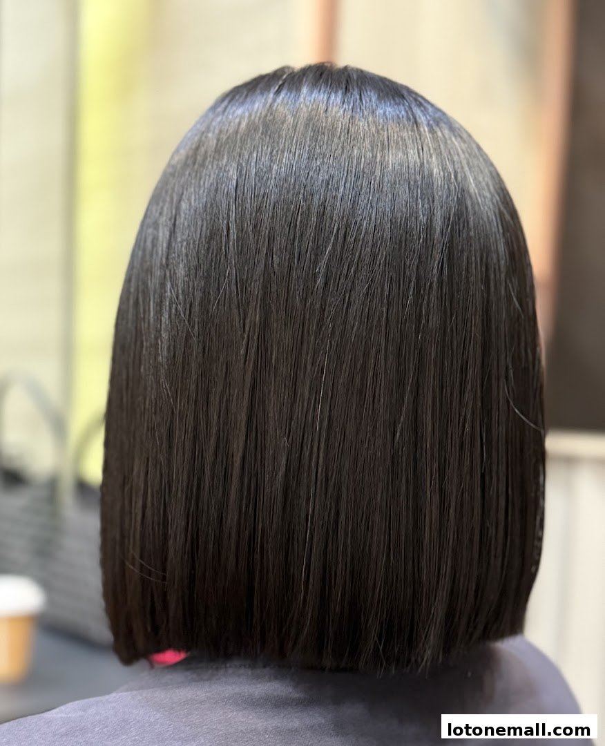A close-up view of a person's freshly cut, sleek, dark bob hairstyle.