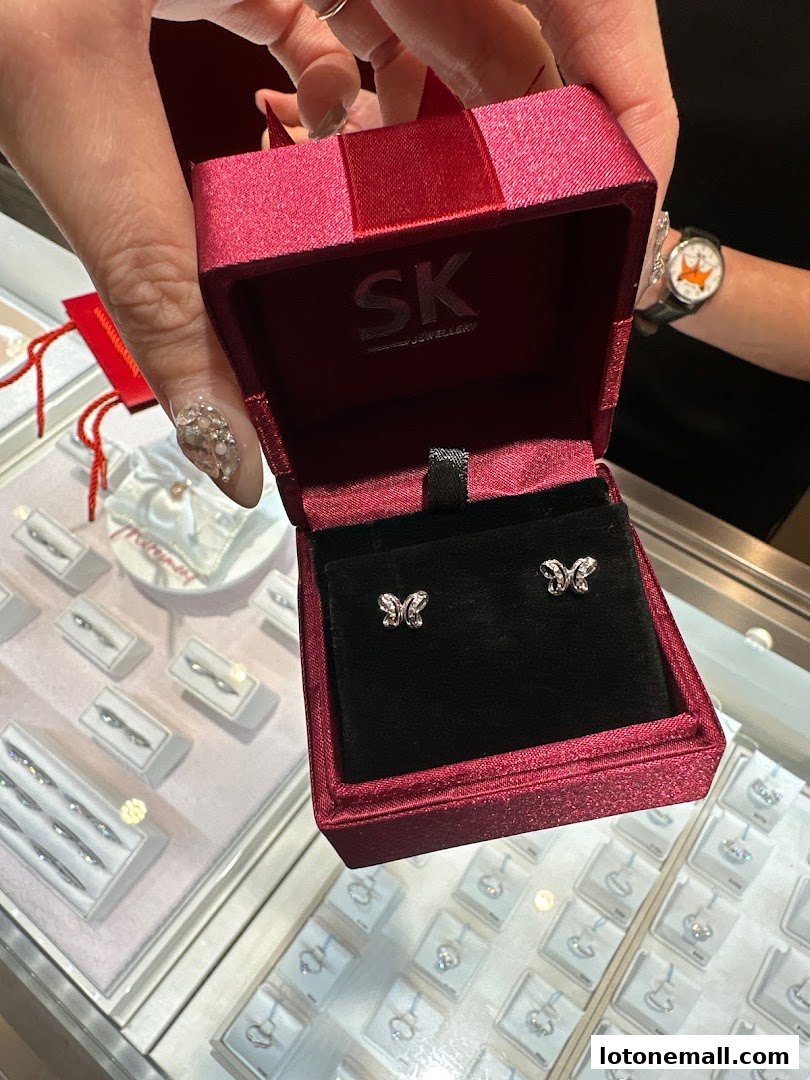 A person holds open a red jewelry box revealing butterfly-shaped earrings.