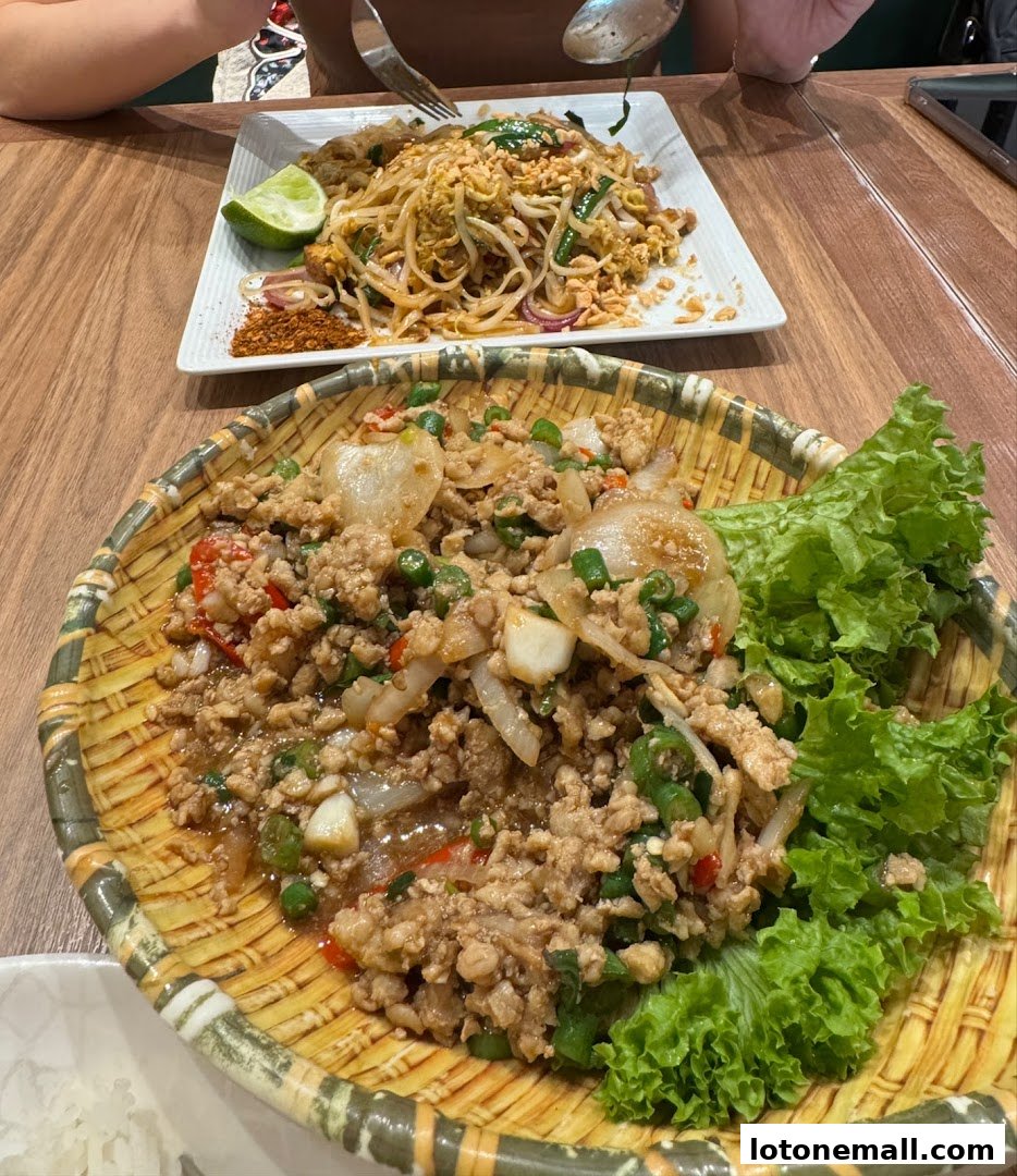 Two plates of Thai food, one with Pad Thai and the other with minced meat and vegetables.