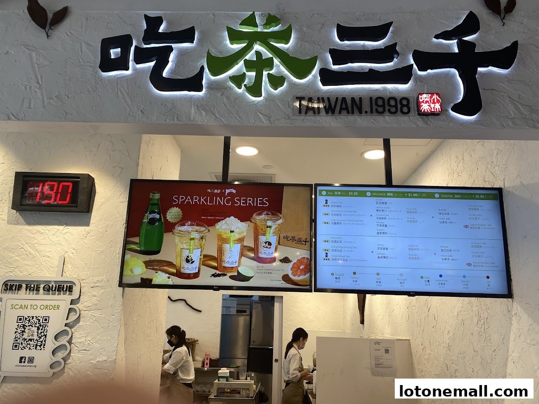A CHICHA San Chen shop with a menu board displaying drinks and a QR code for ordering.