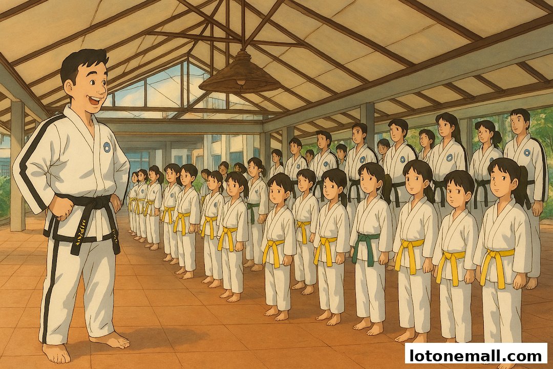 A martial arts instructor stands before a line of students in a dojo.