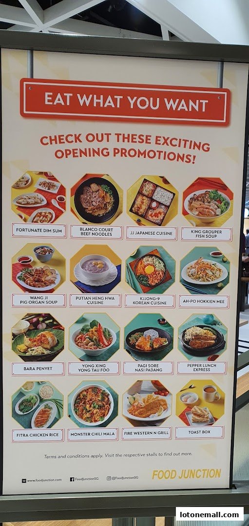 A promotional poster for Food Junction featuring various food stalls and their signature dishes.