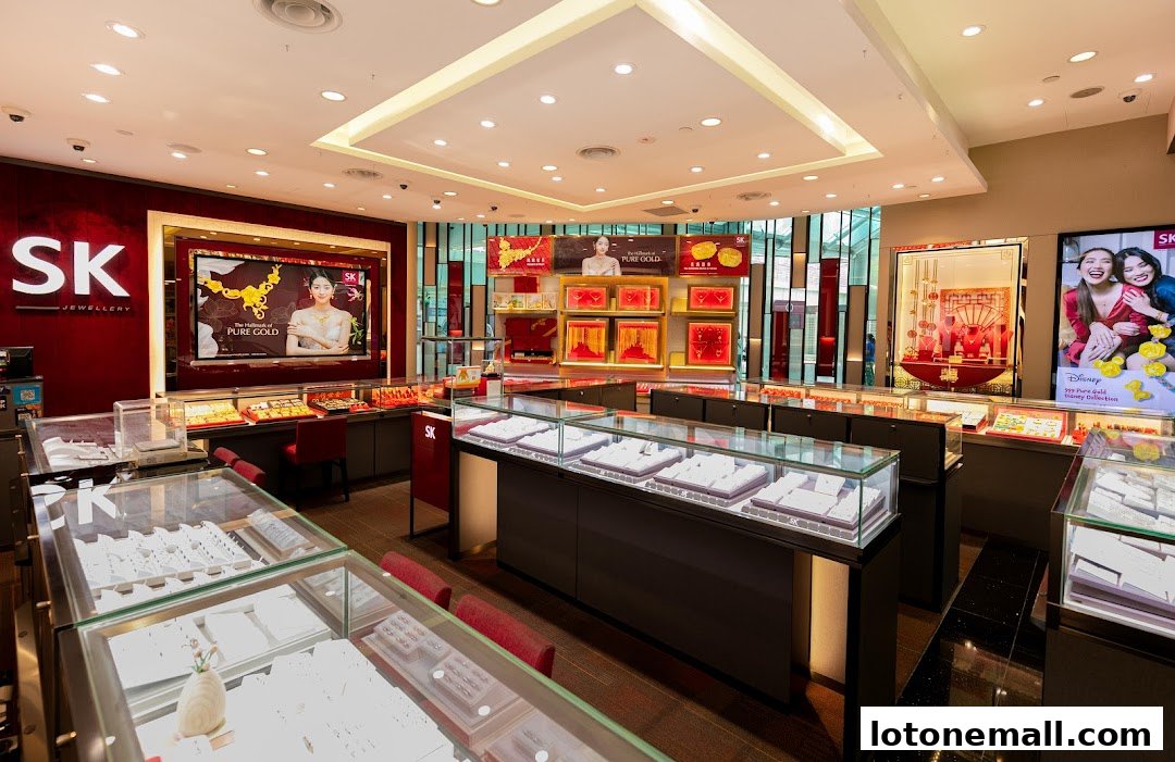 Interior view of a SK Jewellery store showcasing display cases filled with jewelry.
