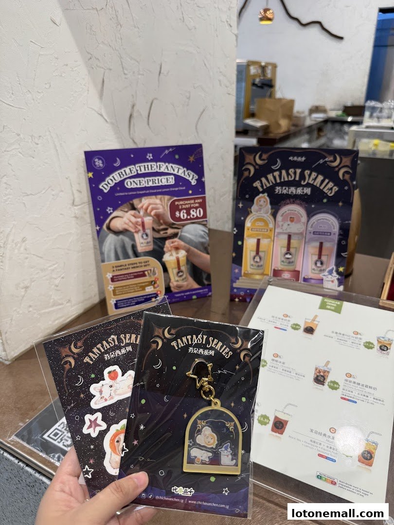 CHICHA San Chen displays promotional flyers and merchandise for their Fantasy Series drinks.