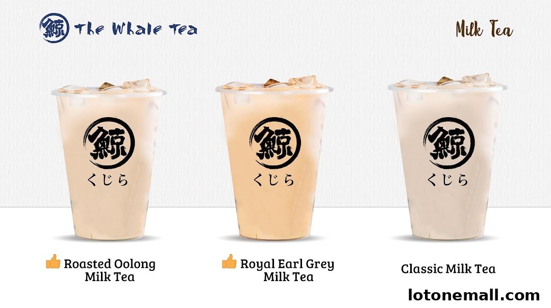 Three cups of milk tea with ice, featuring The Whale Tea logo and different flavor names.