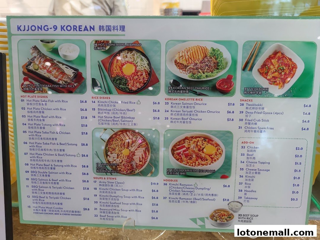 A menu board for Kjjong-9 Korean restaurant, showcasing various Korean dishes with images and prices.