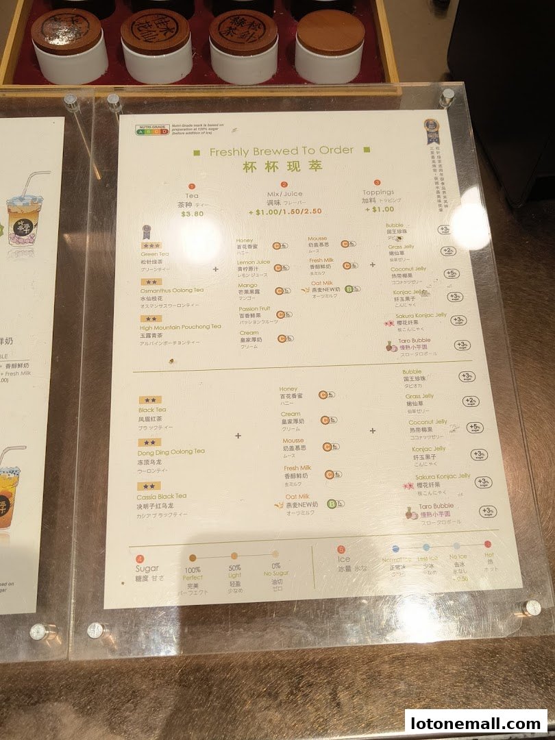 A menu for CHICHA San Chen showing various teas, juices, toppings, sugar, and ice options.