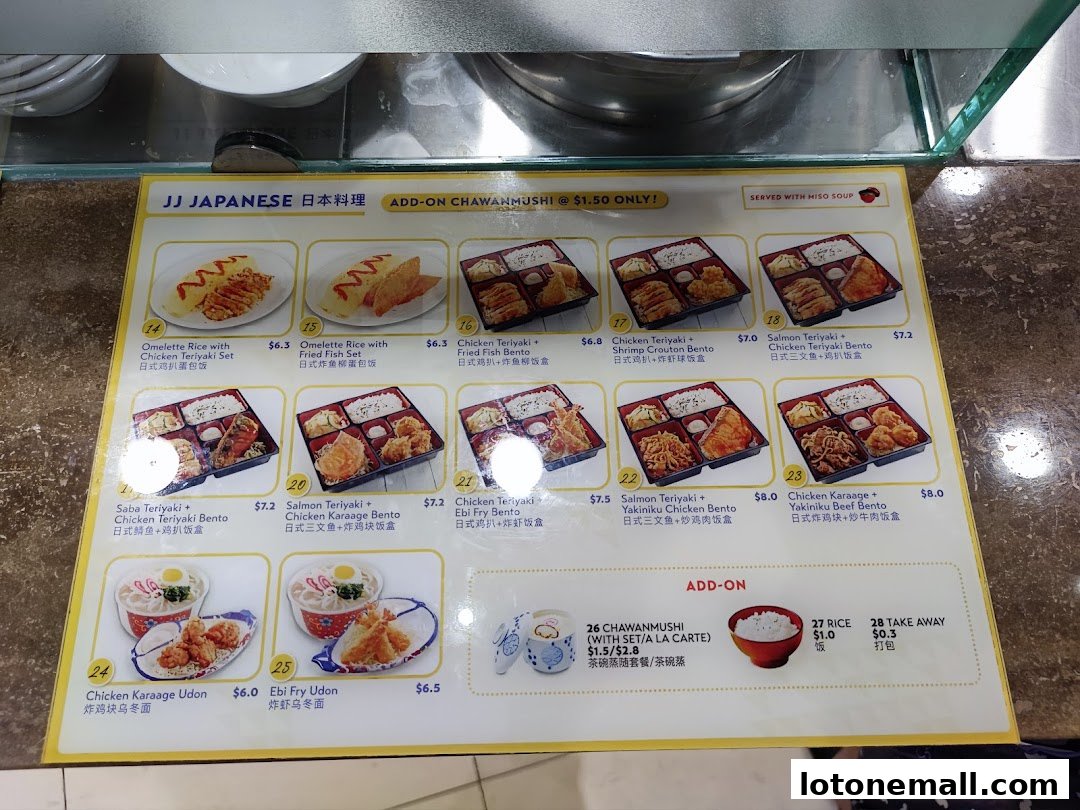 A menu from JJ Japanese featuring various bento boxes, udon, and add-on options.