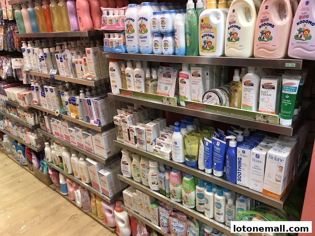 Shelves stocked with baby care products, lotions, and toiletries.