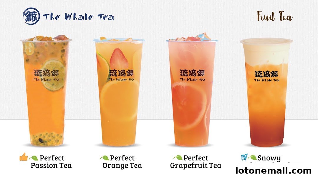 Four refreshing fruit teas from The Whale Tea, showcasing vibrant colors and fresh ingredients.