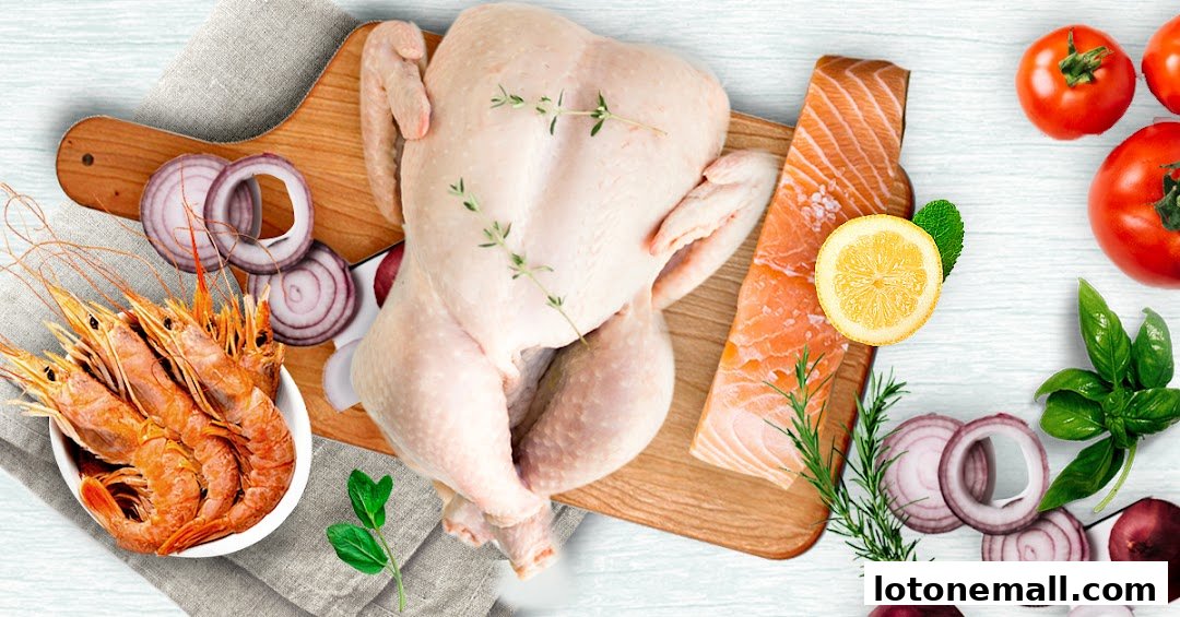 A raw chicken, salmon fillet, and shrimp are arranged with vegetables and herbs on a wooden board.