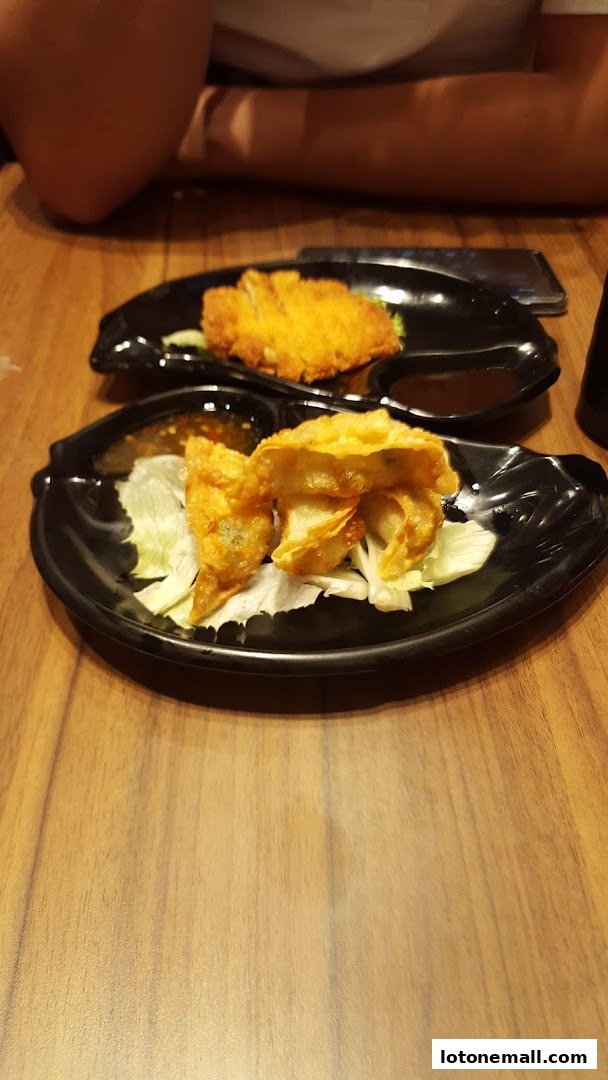 Two plates of fried appetizers, likely wontons and chicken, served with dipping sauce.